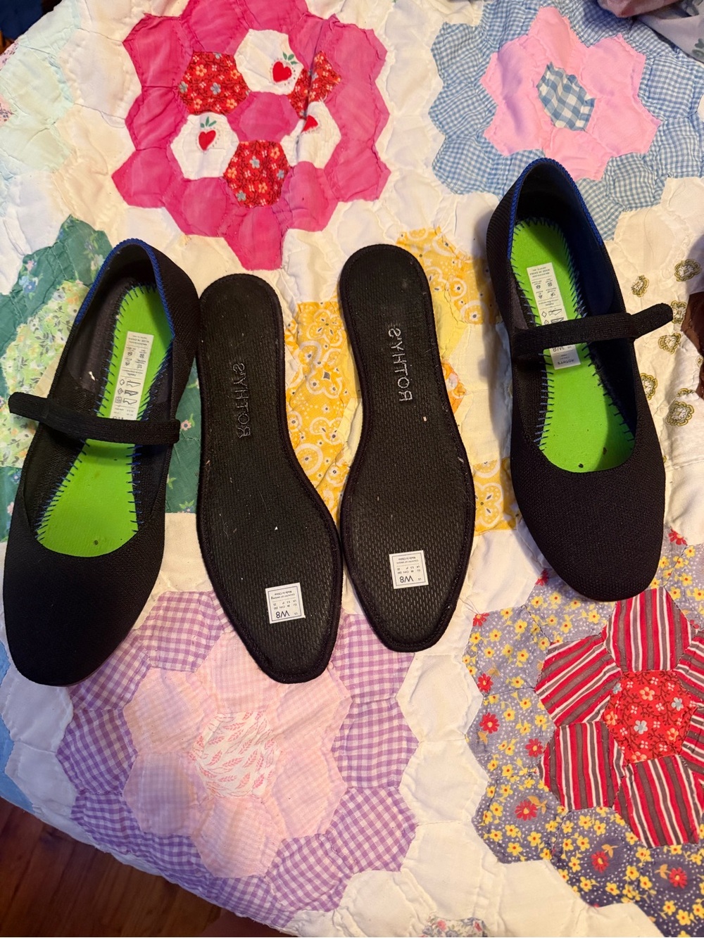 Rothy's Black Mary Jane Kids Shoes with Green Insole